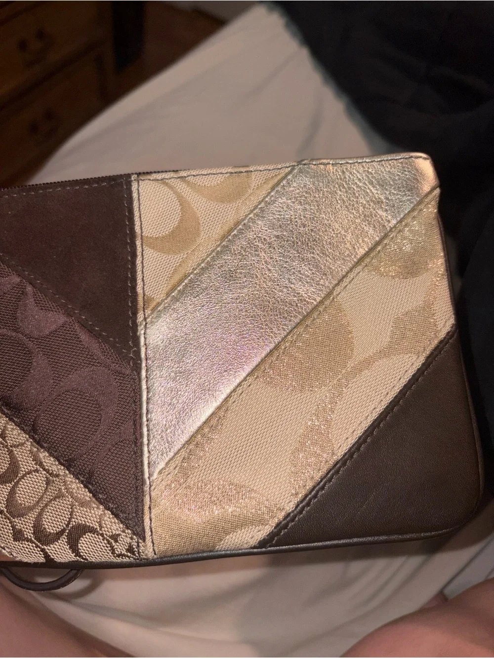 Coach Patchwork Wristlet in Brown and Metallic Rose